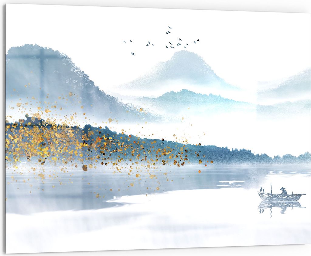 DEQORI Küchenrückwand Glas 80x60 cm 'Berge mit Farbakzenten' Spritzschutz Bad Rückwand