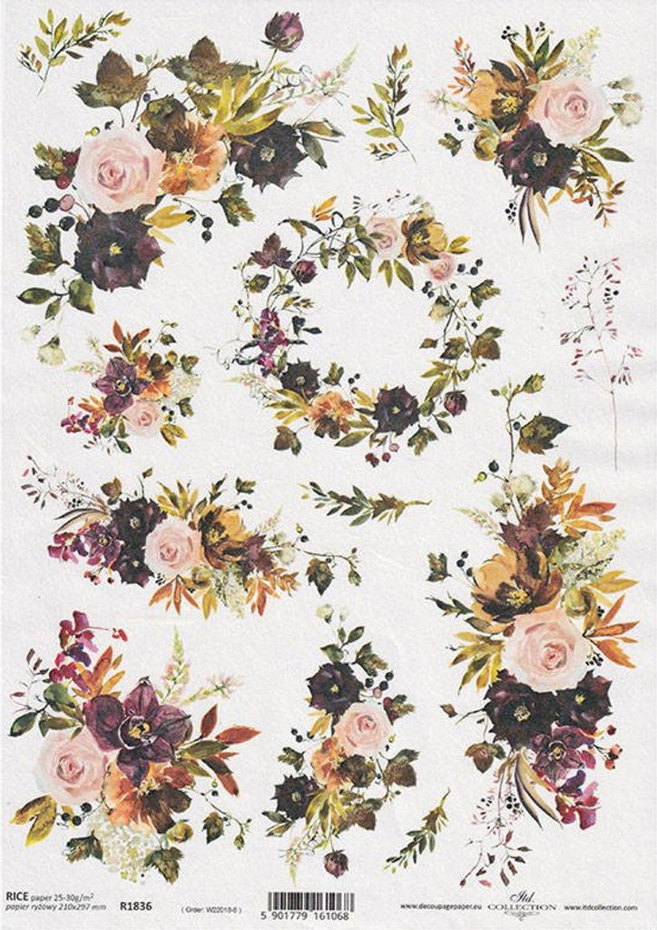 ITD Reispapier Decoupage Bastelpapier Softpapier, R1836 Blumen, Girlanden
