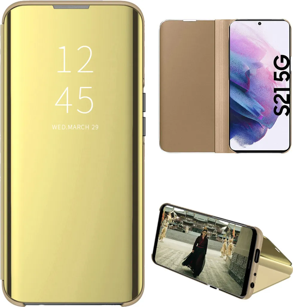 Cover Specchio S21 5G Gold - Custodia Flip Stand in Pelle Sintetica