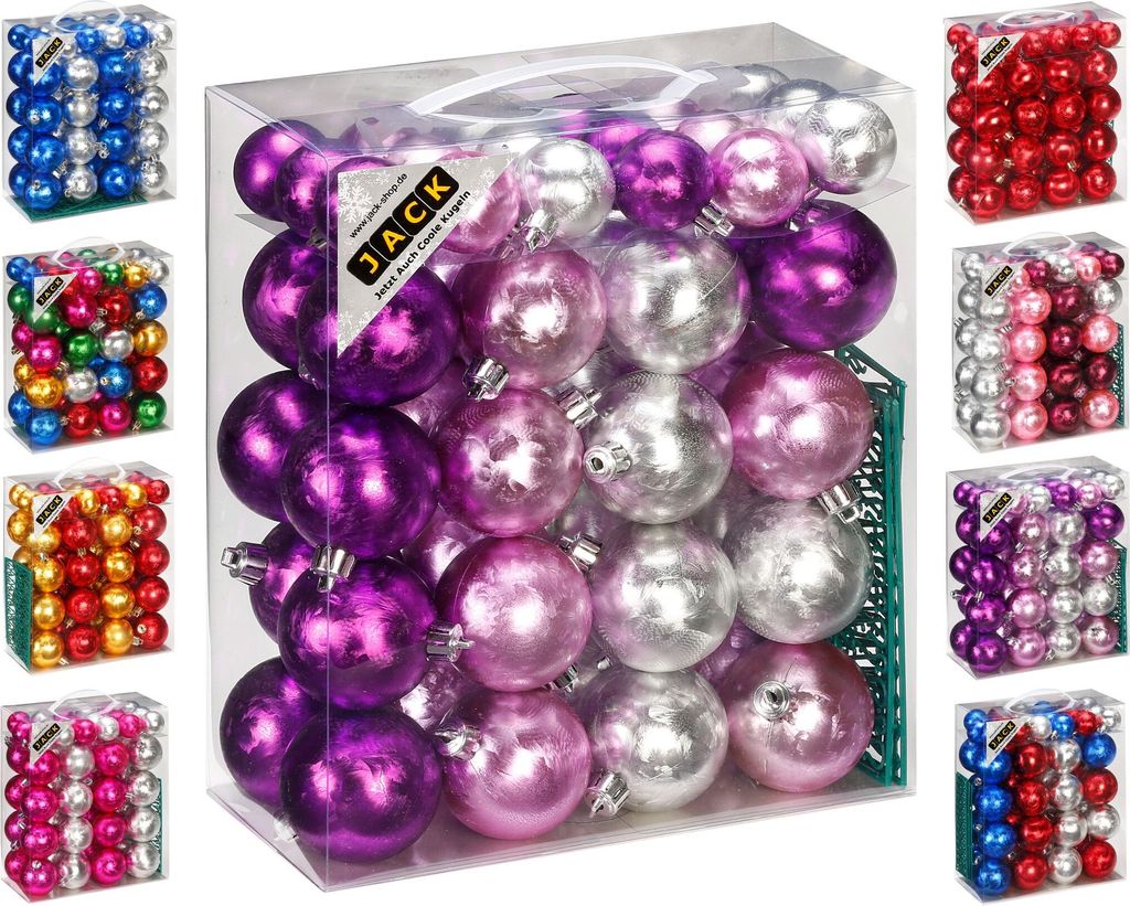 JACK by Inge 50x Kunststoff Kugeln Eislack Christbaumkugeln Ø 4+6cm inkl. Haken Glanz Glitzer Matt, Farbe:Violett-Flieder-Silber
