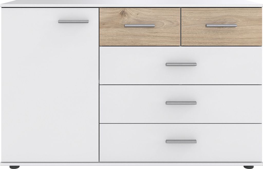 Kommode 130 cm, 5 Schubladen BRADFORD-43 weiß mit Eiche