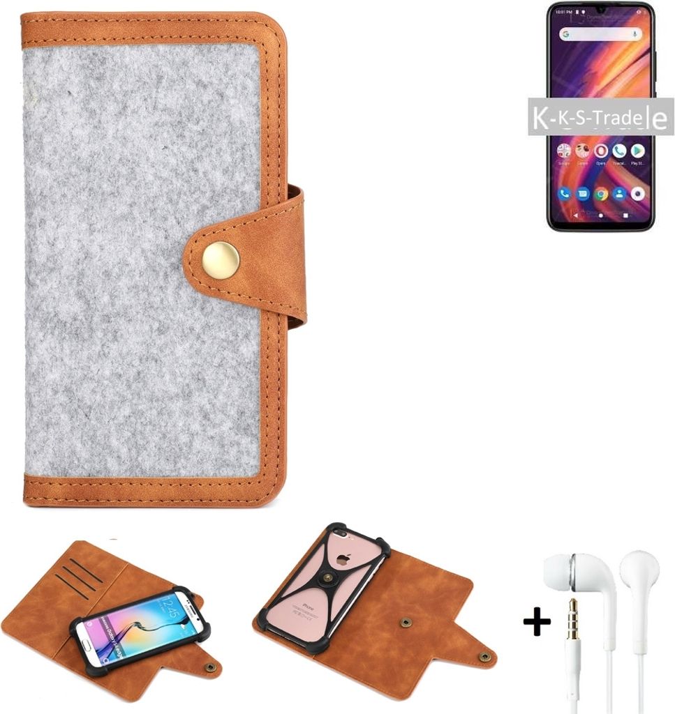 K-S-Trade Handyhülle + Kopfhörer kompatibel mit ZTE Blade A512 Schutzhülle Filz Hülle Kunstleder hellgrau braun (1x)