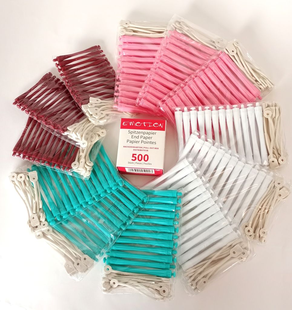 Dauerwellwickler Kaltwellwickler - Sparpack - 144 Stck. einfarbig (rosé-weiss-grün-braun) + Spitzenpapier