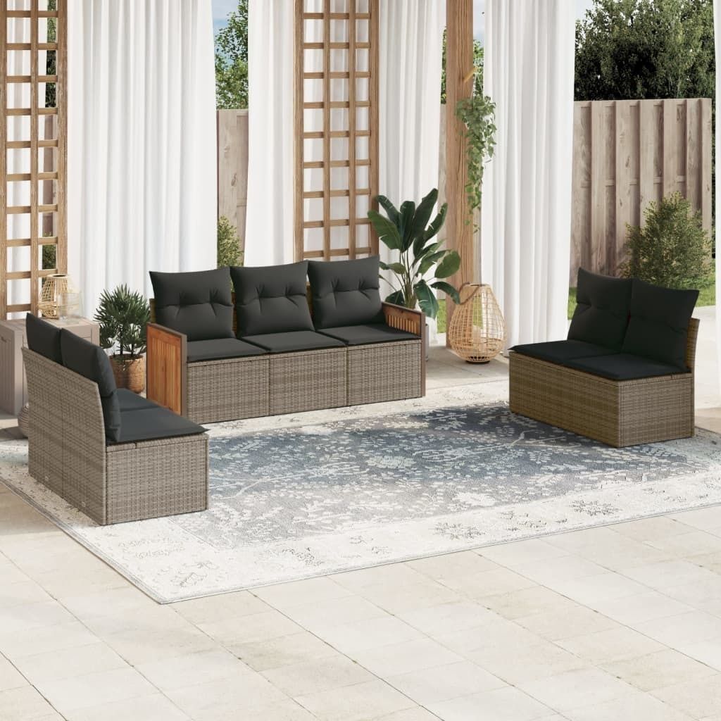 Design 7-tlg. Garten-Sofagarnitur mit Kissen Grau Poly Rattan, Gartenmöbel-Sets 2024 Neu