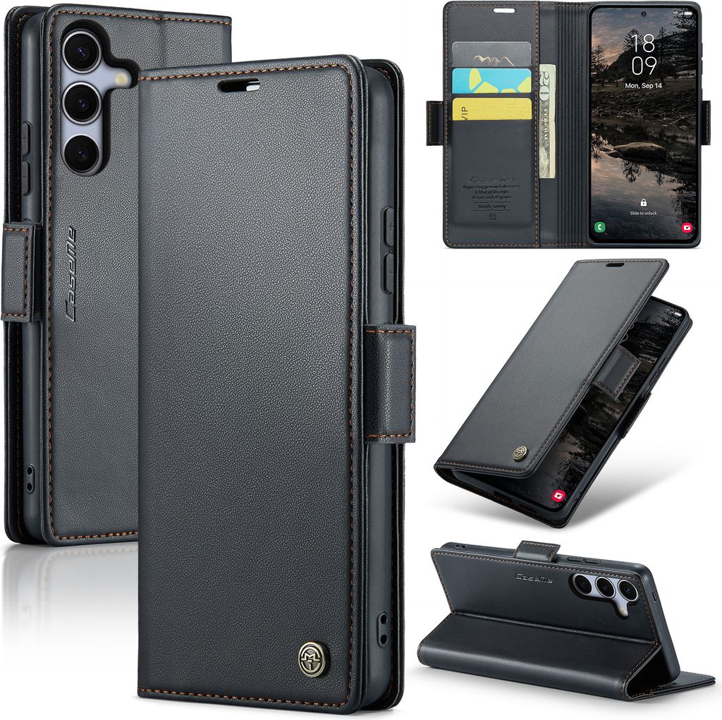 Collage of a black leather wallet-style phone case for a Samsung Galaxy S25, showing different angles and features.