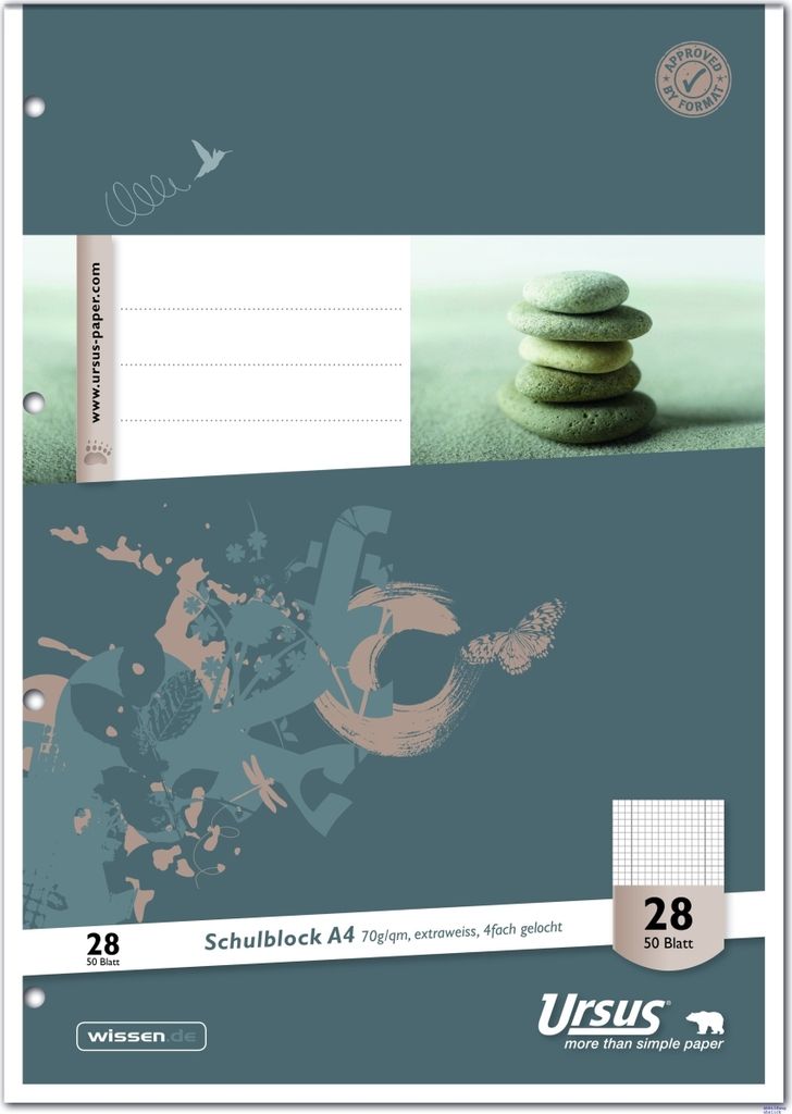 Schulblock A4 70g/qm 4-fach gelocht 50 Blatt kariert mit Rand beidseitig Packung mit 10 Stück