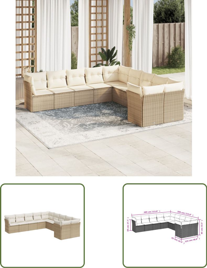 The Living Store 10-tlg. Garten-Sofagarnitur mit Kissen Beige Poly Rattan