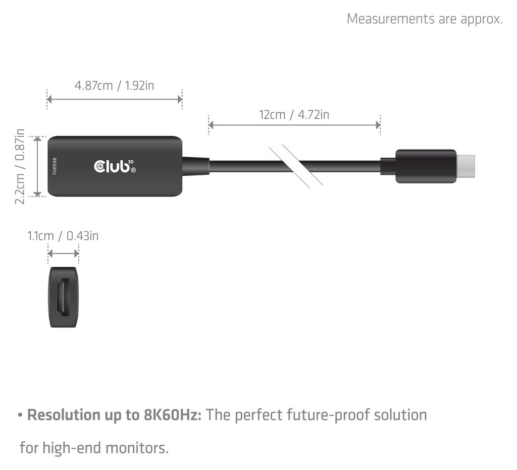 CLUB3D USB-C zu HDMI 2.1 Adapter 8K60Hz, 0,12 m, USB Typ-C, HDMI + USB, Stecker, Buchse, Schwarz