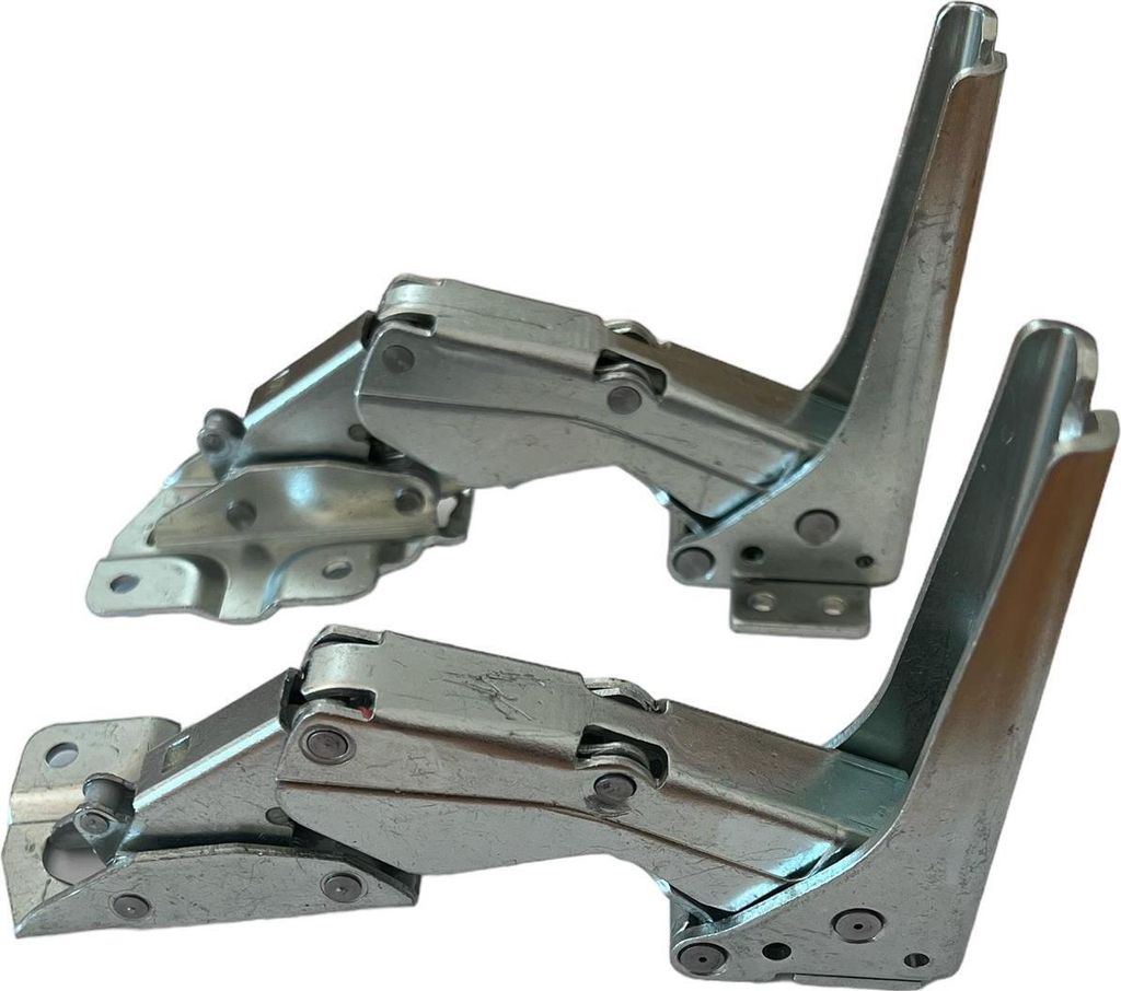 Two metal hinges are placed against a white background.