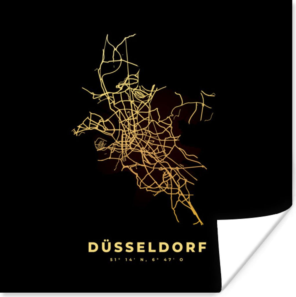 MuchoWow Poster Stadtplan - Gold - Düsseldorf - Karte 50x50 cm - Wohnzimmerdekoration