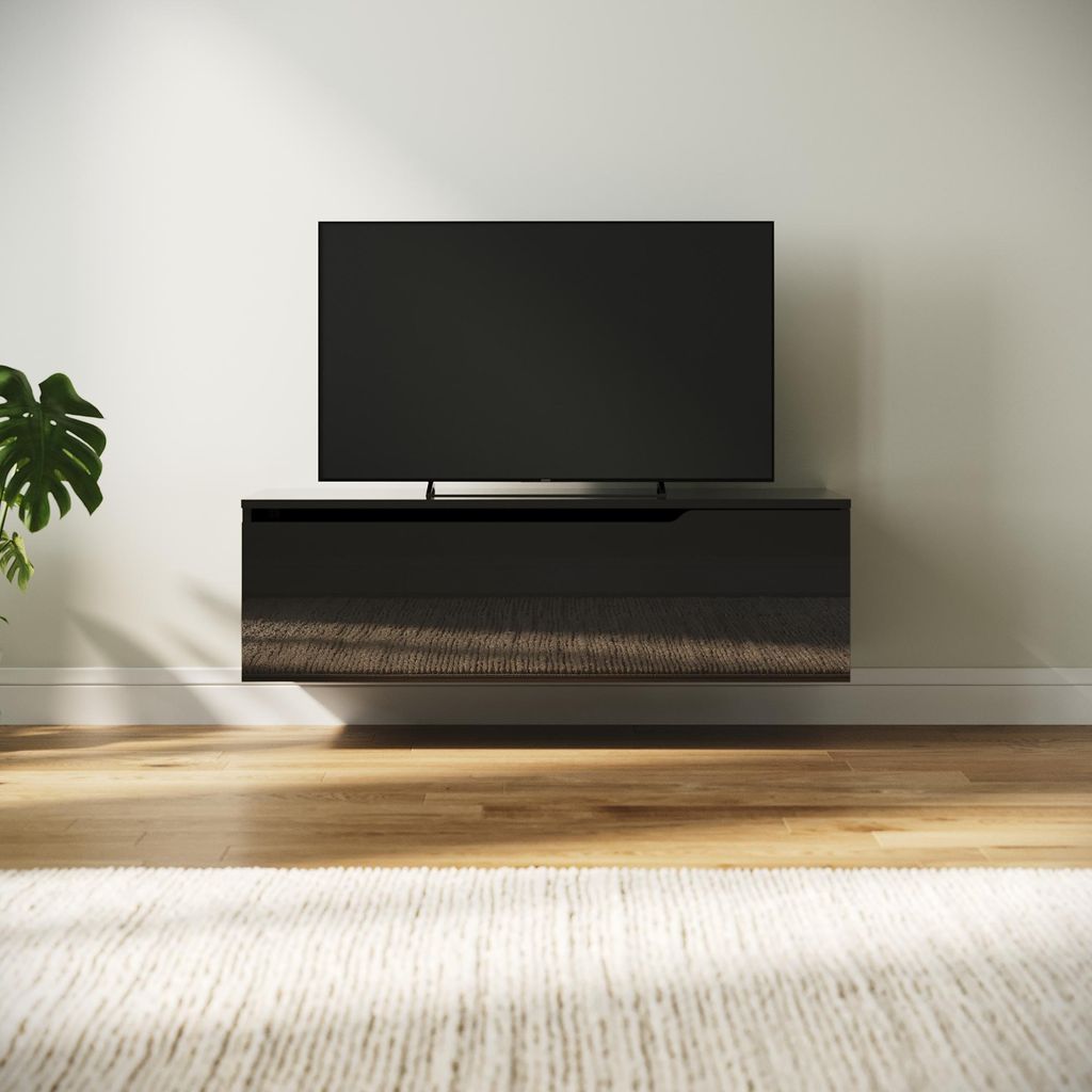 SONNI TV-Schrank Schwarz Hochglanz 100 x 35 x 30cm Ausgestattet mit RGB-Lichtleiste und Aufbewahrungsschrank Wandmontage möglich