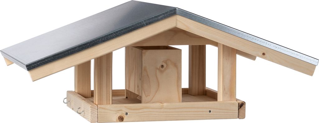 Dehner Natura Wildvogel-Futterhaus Karwendel, mit 4 Knödel-Haken und Futterschublade, 27.7 x 71.4 x 52 cm, Fichtenholz natur/Blech