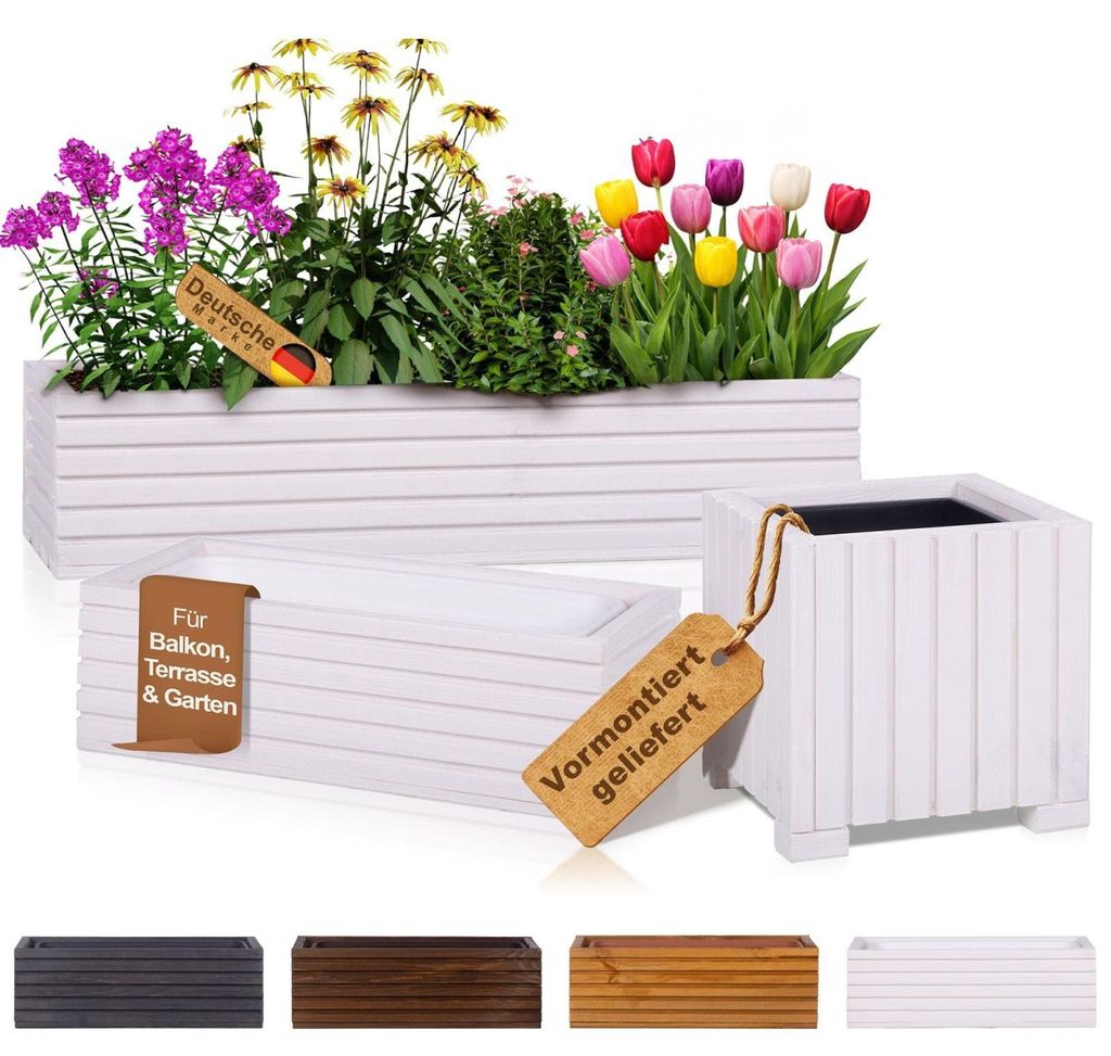 BOOGARDI Blumenkasten Holz mit Einsatz · 44x20x14cm Weiß · Blumenkästen in 3 Größen & 4 Farben Pflanzkasten für Balkon & Terrasse Pflanzküb...