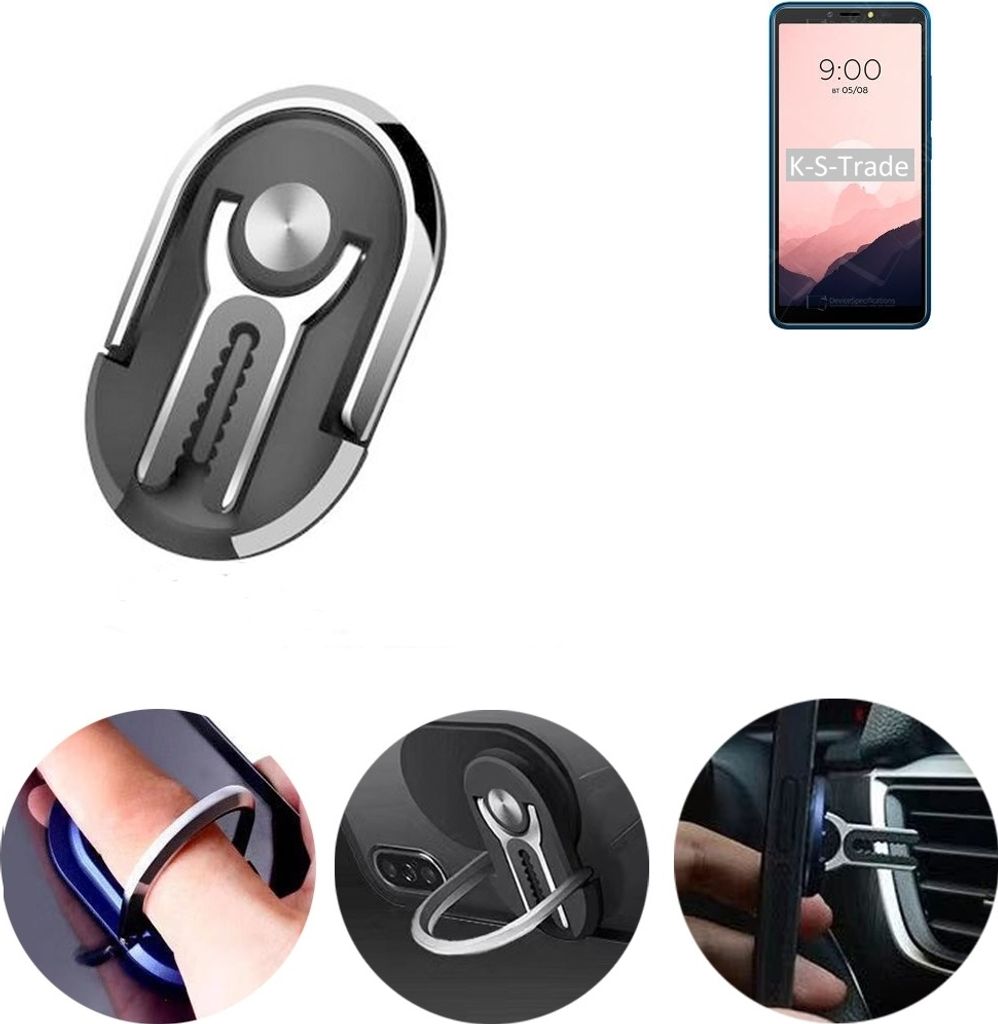 K-S-Trade 3in1 Smartphone-Ring Handy-Ring kompatibel mit BQ Mobile BQ-6030G Practic Fingerhalterung Handyring Tischständer Lüftungsgitter-Halterung