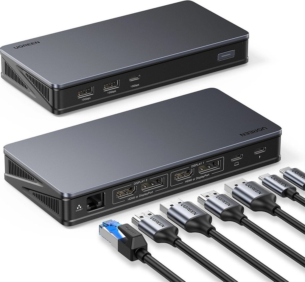 Two Ugreen USB-C docking stations are shown, one slightly behind the other, with cables in the foreground.