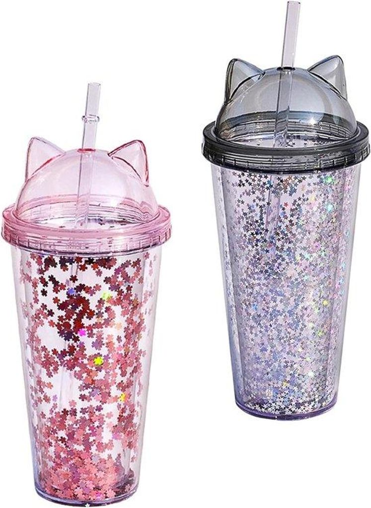 Glitzernder Wasserbecher für Mädchen, 2 Stück, 420 ml, grau