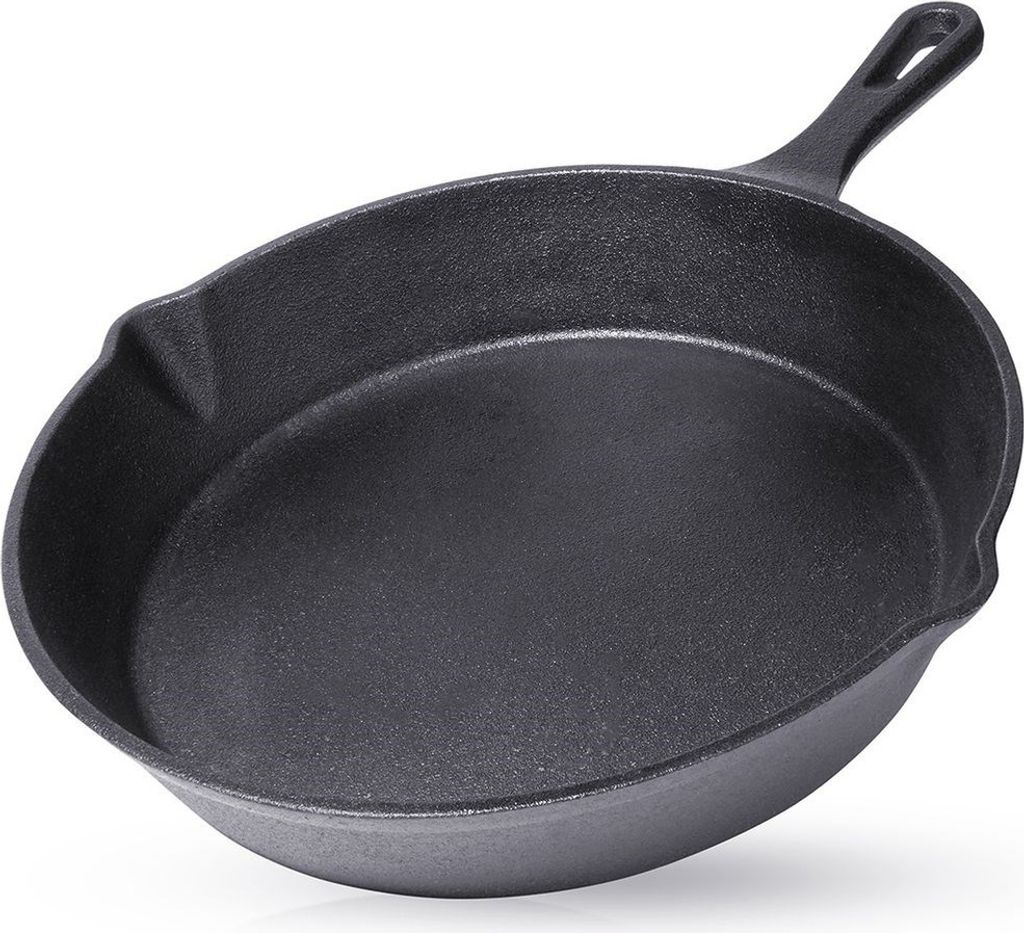 A black cast iron frying pan is shown from a slightly elevated angle against a white background.
