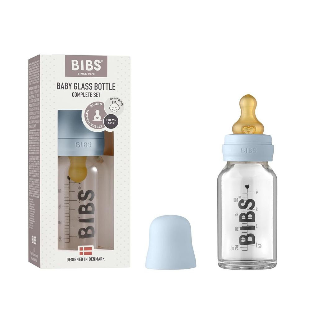 BIBS Baby Glass Bottle 110ml, Vermindert Koliken, Runder Sauger aus Naturkautschuklatex, Unterstützt das Stillen. Hergestellt in Dänemark, Comple...