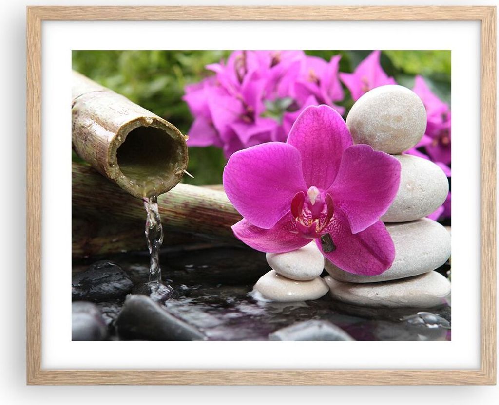 Gerahmtes Poster - Rahmen in heller Eiche - Orchidee Bambus Dekoration Spa - 50x40 cm - Wand Bild - Wanddeko - Wandbilder - Wandposter - Bilderrahm...