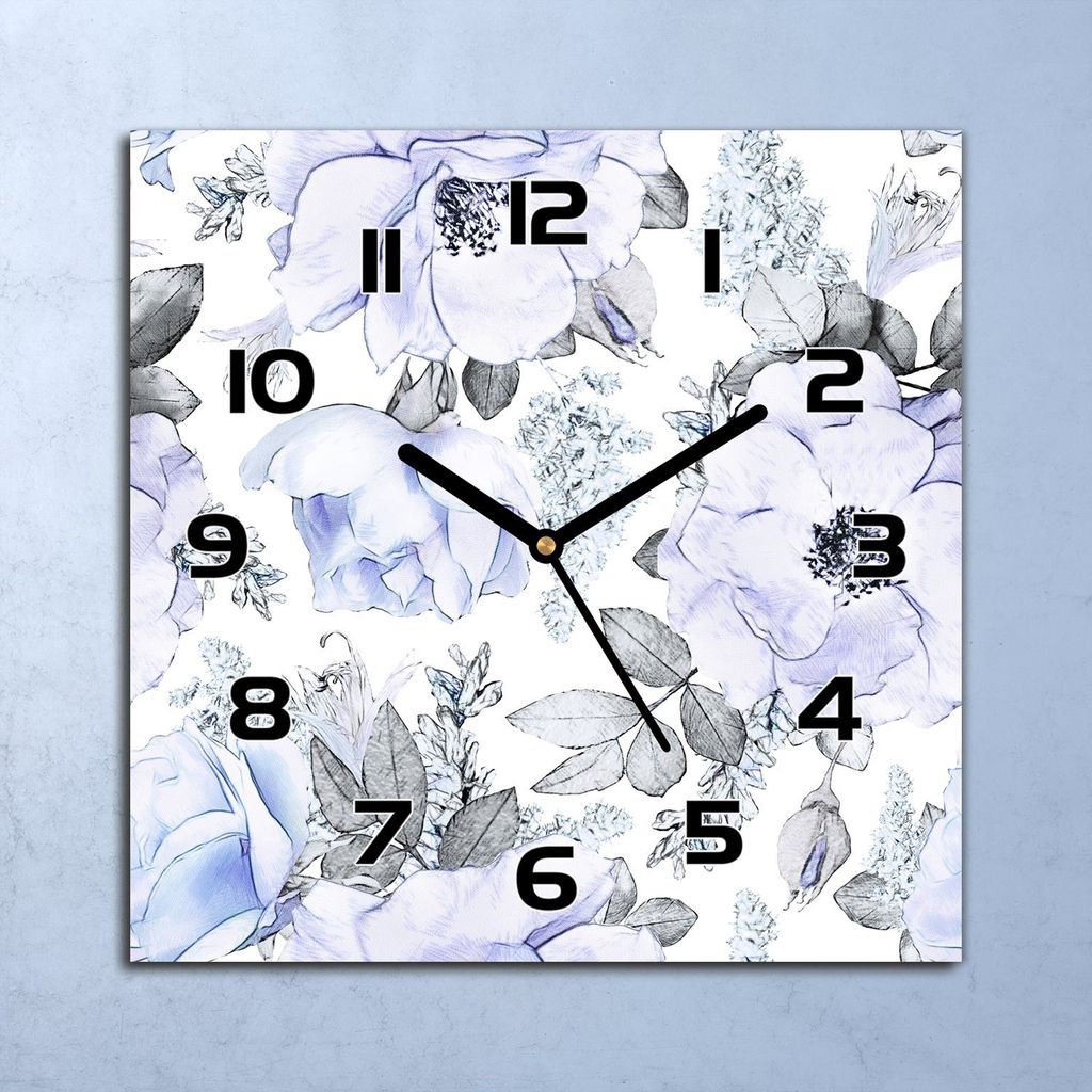 Wanduhr Echt-Glas-Küchenuhr Blaue Rosen Aquarell Quarz 30x30 Deko Bilder