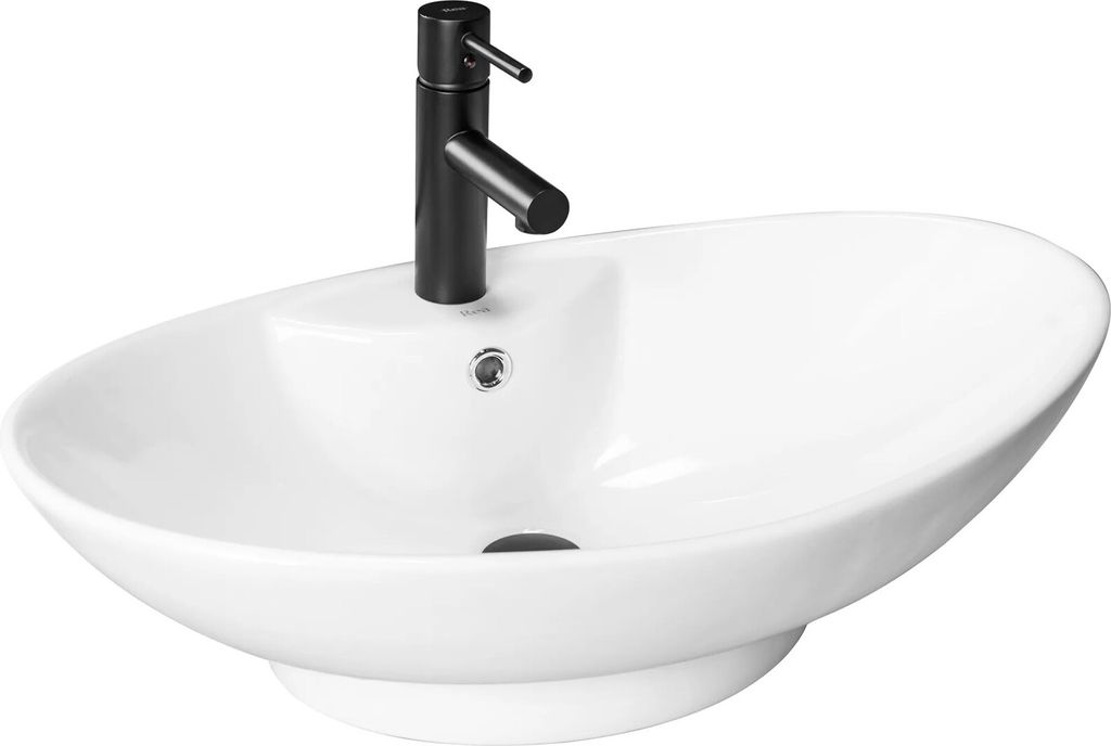 A white ceramic vessel sink with a black faucet.