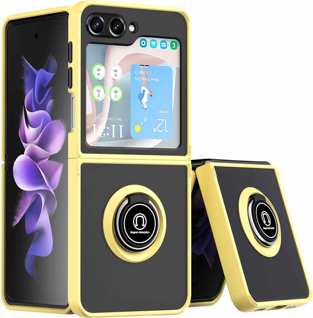 Für Samsung Galaxy Z Flip5 5G TPU / PC Design Ring Magnet Cover Handy Tasche Hülle Gelb Etuis Neu