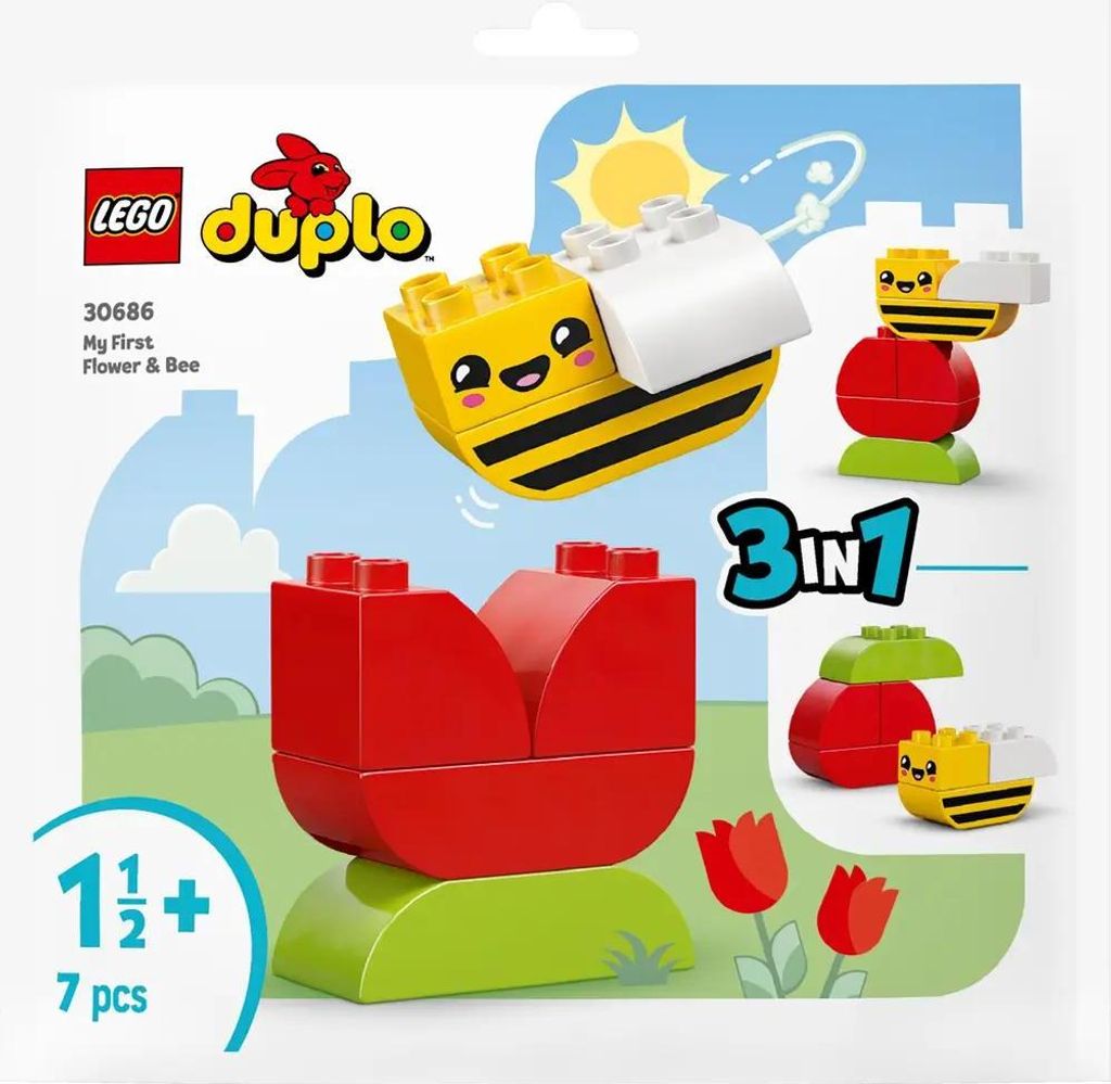 The image shows the packaging for a LEGO DUPLO set featuring a flower and a bee.