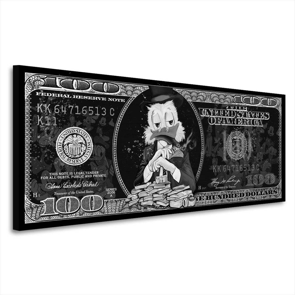 Duck Money schwarz weiß Comic Leinwandbild Wandbild Deko Kunst XL: 50x20x2cm