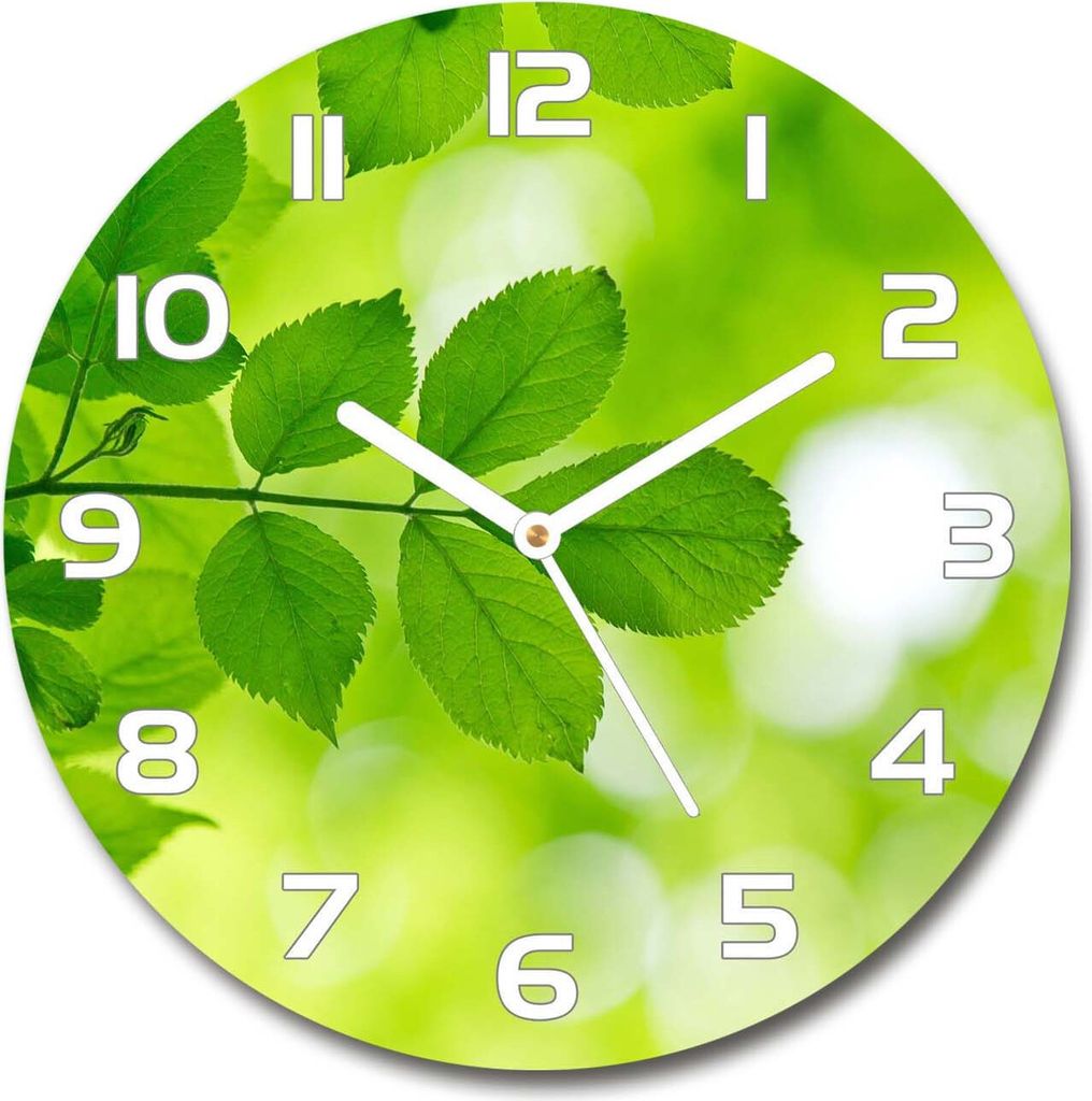 Wanduhr aus Glas 30fi Glasbild Glasuhr Gehärtetes Glas - weisse-zeiger - Green leaves