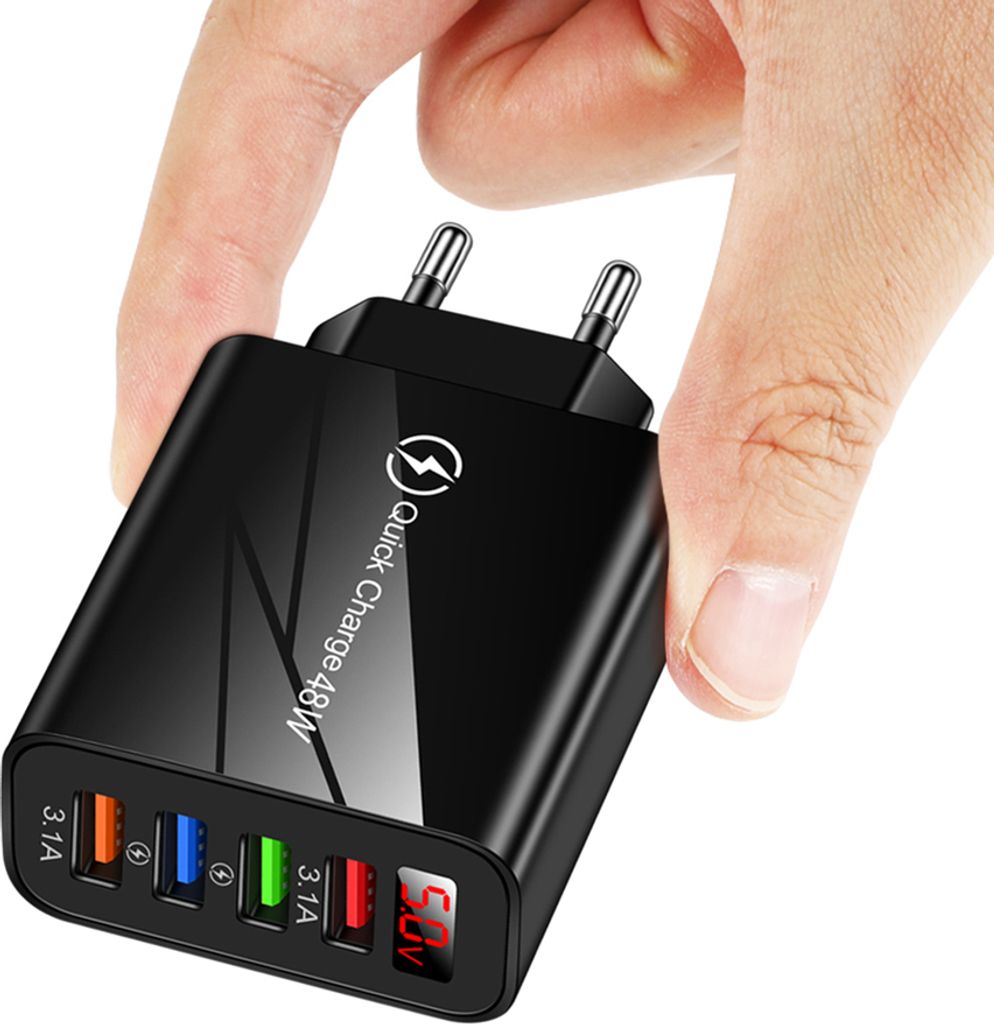 48W 3.1A 4USB Schnell Ladegerät Echtzeit Variable Frequenz LCD Digital Display Head Adapter Schwarz EU Stecker