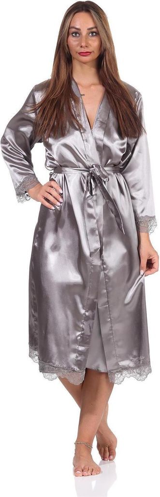 Damen Morgenmantel Kimono Satinrobe mit Spitze; Taupe/XL