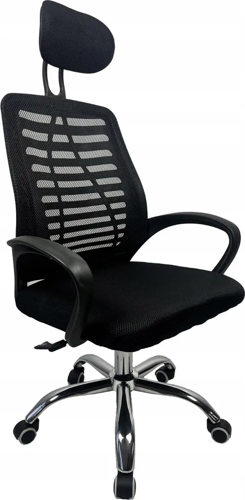 Sedia da ufficio KRIS, sedia girevole ergonomica, schienale in rete, poggiatesta regolabile, seduta regolabile in altezza, base cromata, nera, per ufficio e home office