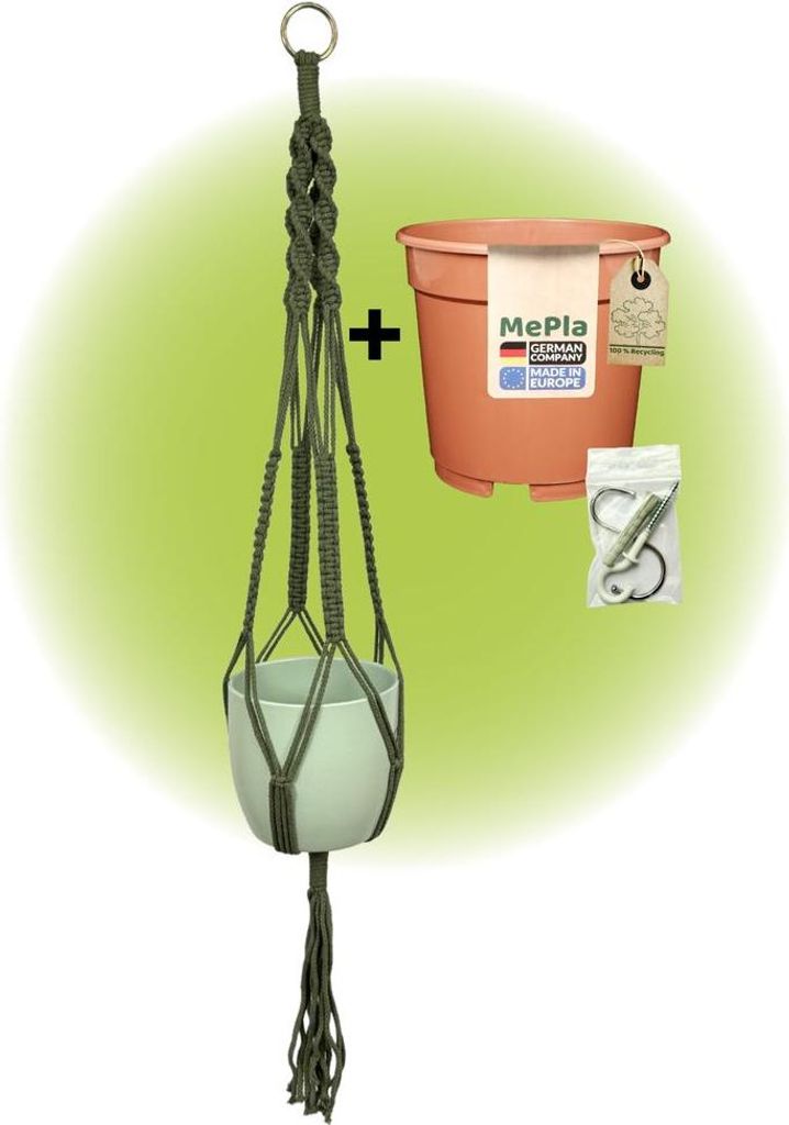MePla - Set - Ampel Makramee Naturgrün - Basel ø14 Lindgrün + Kulturtopf ø13 + Beipack-Set 21550-001