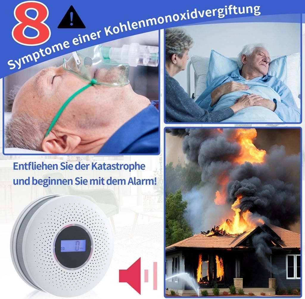 2x Kombi Rauchmelder & CO Melder - EN 50291 & EN14604 Geprüft Mit Digitalanzeige