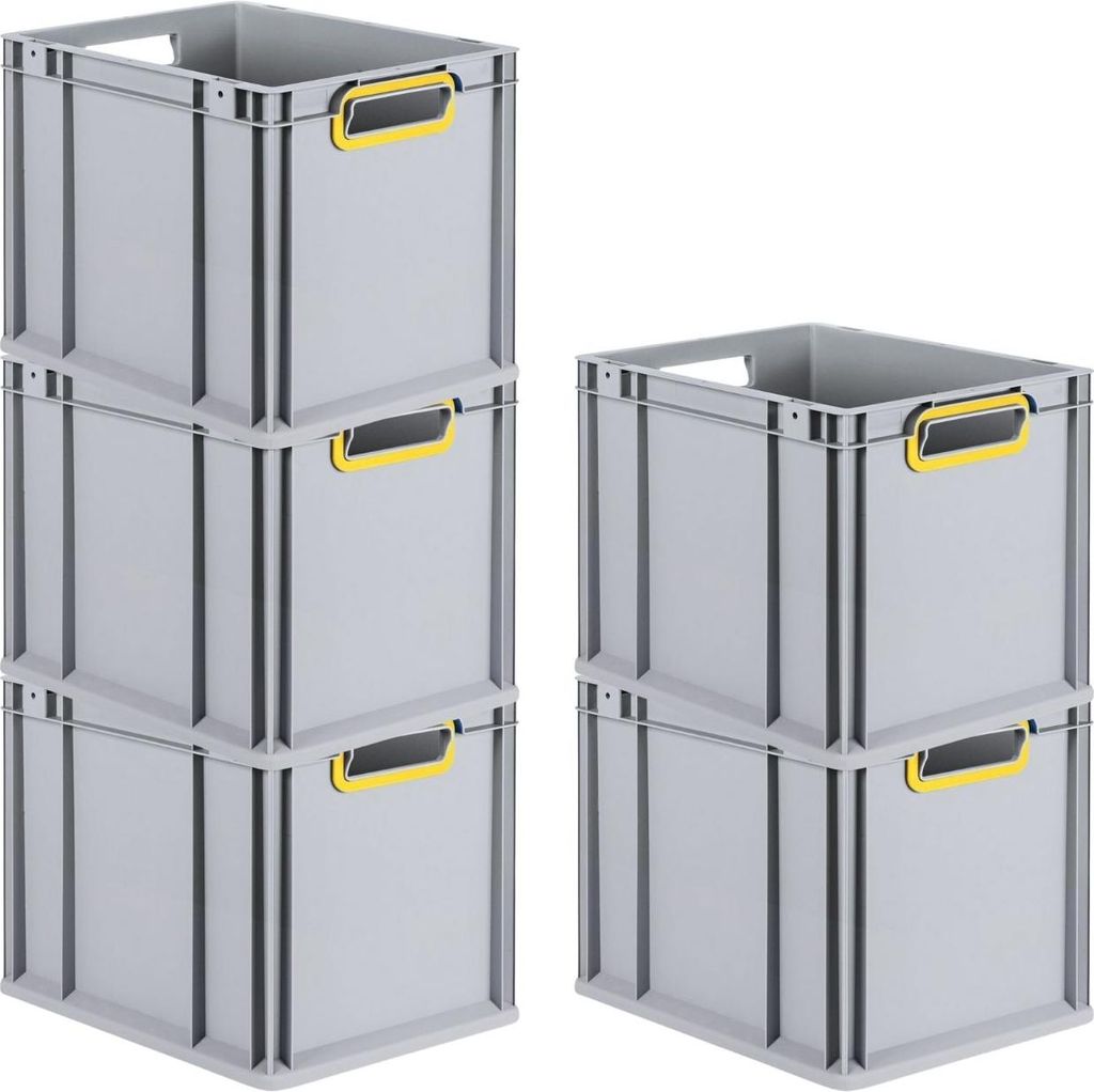 SuperSparSet 5x Eurobox NextGen Color | HxBxT 32x30x40cm | 30 Liter | Griffe gelb offen | Glatter Boden | Eurobehälter, Transportbox, Transportbeh...