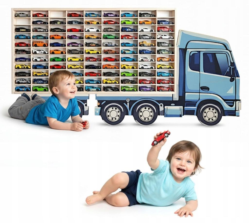 Modellauto-Regal für 80 Autos 1:64 – Wandregal & Setzkasten für Spielzeugautos, Lkw-Motiv, Blau, Birken-Sperrholz – Gesamtansicht auf neutralem Hintergrund
