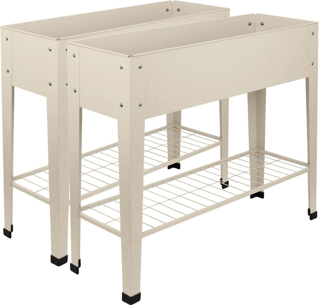 Two elevated garden beds with storage shelves are shown against a white background.