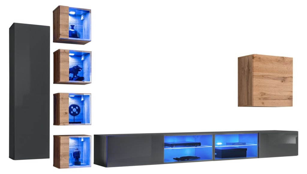 Wohnzimmer Wohnwand Grau Modern Möbel TV-Ständer Wandschrank Regale