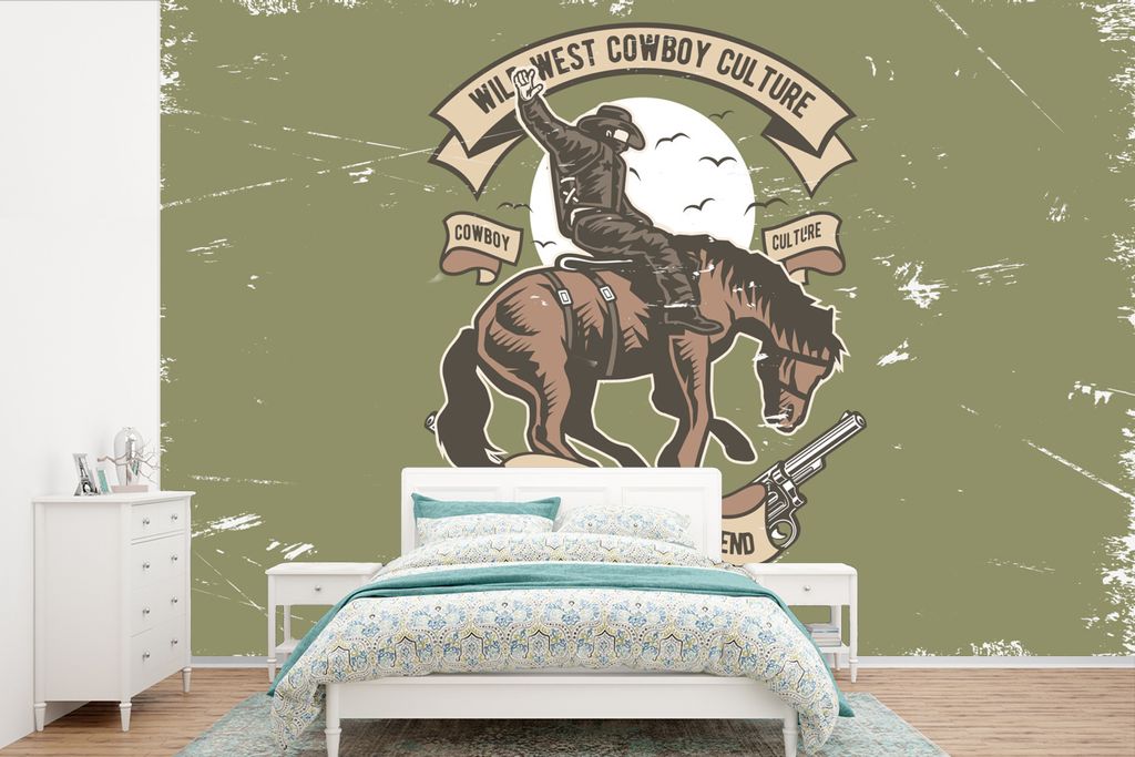 MuchoWow Fototapete für Wohnzimmer oder Schlafzimmer Wandtapete Vinyl Motivtapete Pferde - Cowboy - Retro - Zeichnung - 390x260 cm - Papiertapete