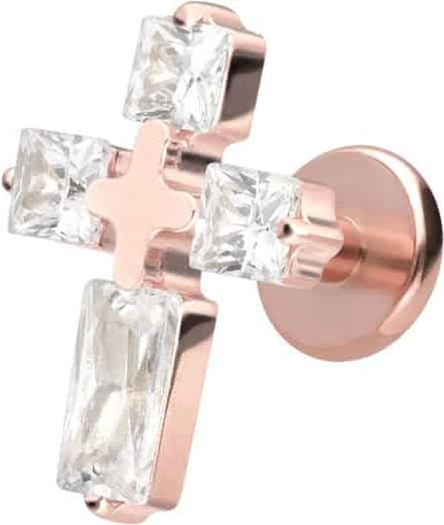 Ohrpiercing, Nasenpiercing Titan Labret mit Innengewinde KRISTALLKREUZ RoséGold Stablänge: 5mm | Stabstärke: 1,2mm
