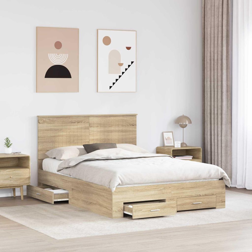 Eleganter Möbel Bettrahmen mit Kopfteil Sonoma-Eiche 140 x 190cm Holzwerkstoff - CJG419954 - Klassische BettenJugendbett Tagesbett