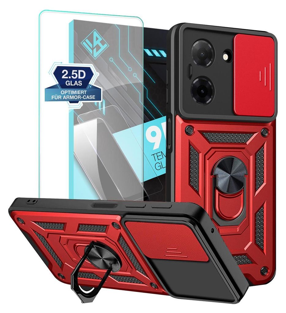 Armor Handyhülle für Xiaomi Redmi A5 mit 9H Displayglas Displayschutz Kameraschutz Handy Panzer Case Cover Schutzhülle Outdoor Farbe: Rot