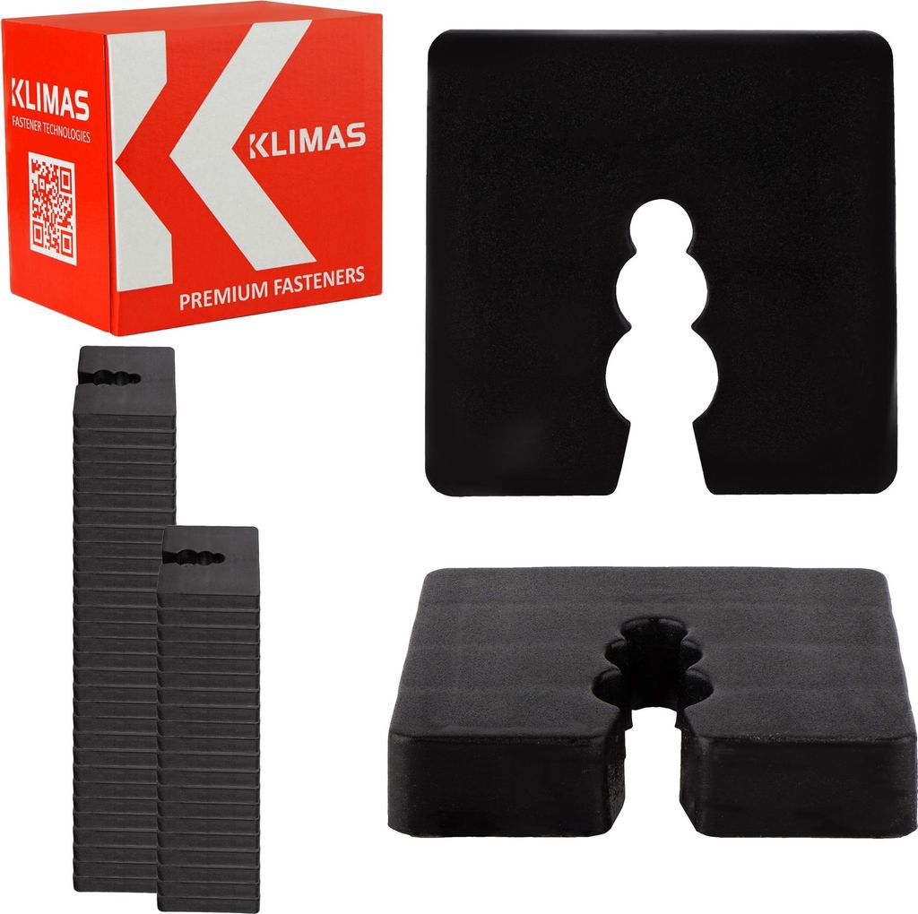 A product shot featuring a box of Klimas fasteners and several black plastic spacer discs.