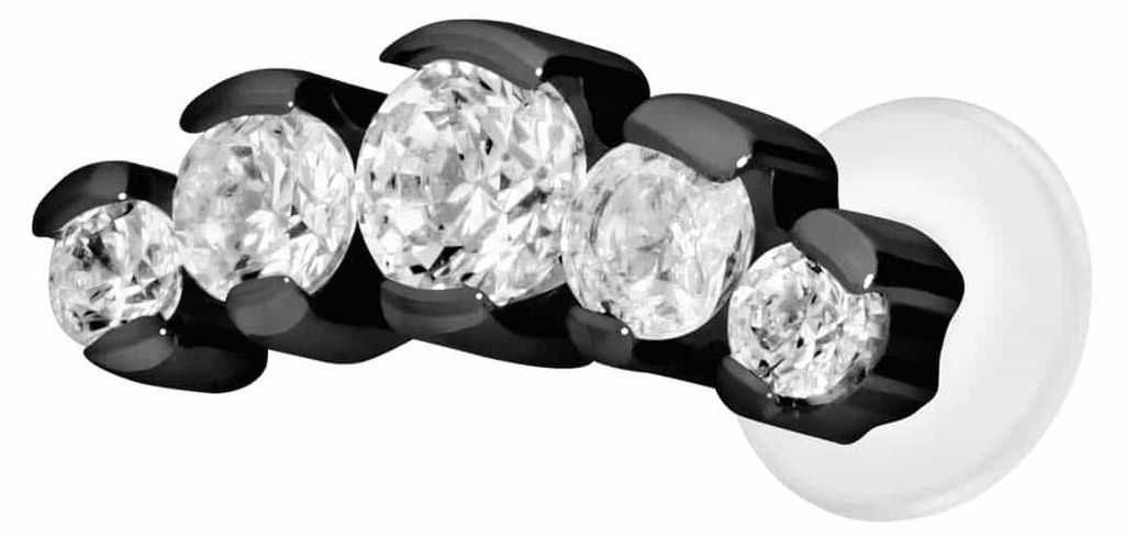 Ohrpiercing, Nasenpiercing PTFE Labret mit Innengewinde + Titan-Aufsatz 5 EINGEFASSTE KRISTALLE Schwarz Stablänge: 9mm | Stabstärke: 1,2mm