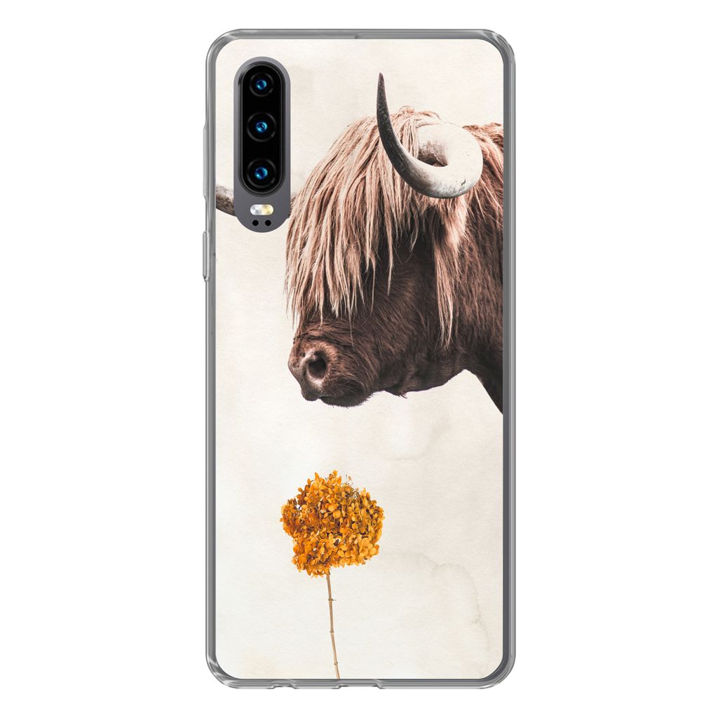 MuchoWow Handyhülle Schutzhülle Hülle für Huawei P30 Schottischer Highlander - Vintage - Blume Silikon Softcase Handy Hülle - Kartenbesitzer