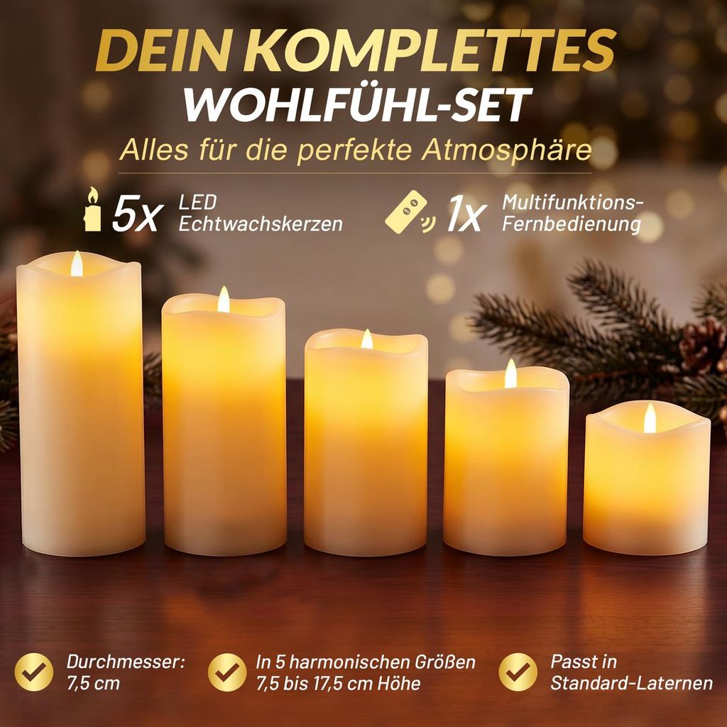 MONZANA LED Kerzen 5er Set aus Echtwachs mit Timerfunktion