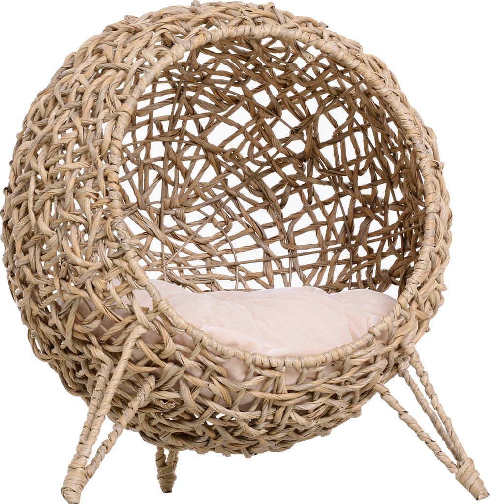 PawHut Katzenhaus aus Rattan mit Kissen Katzenschlafplatz Katzenhöhle mit erhöhten Füßen Natur Ø52 x 58 cm