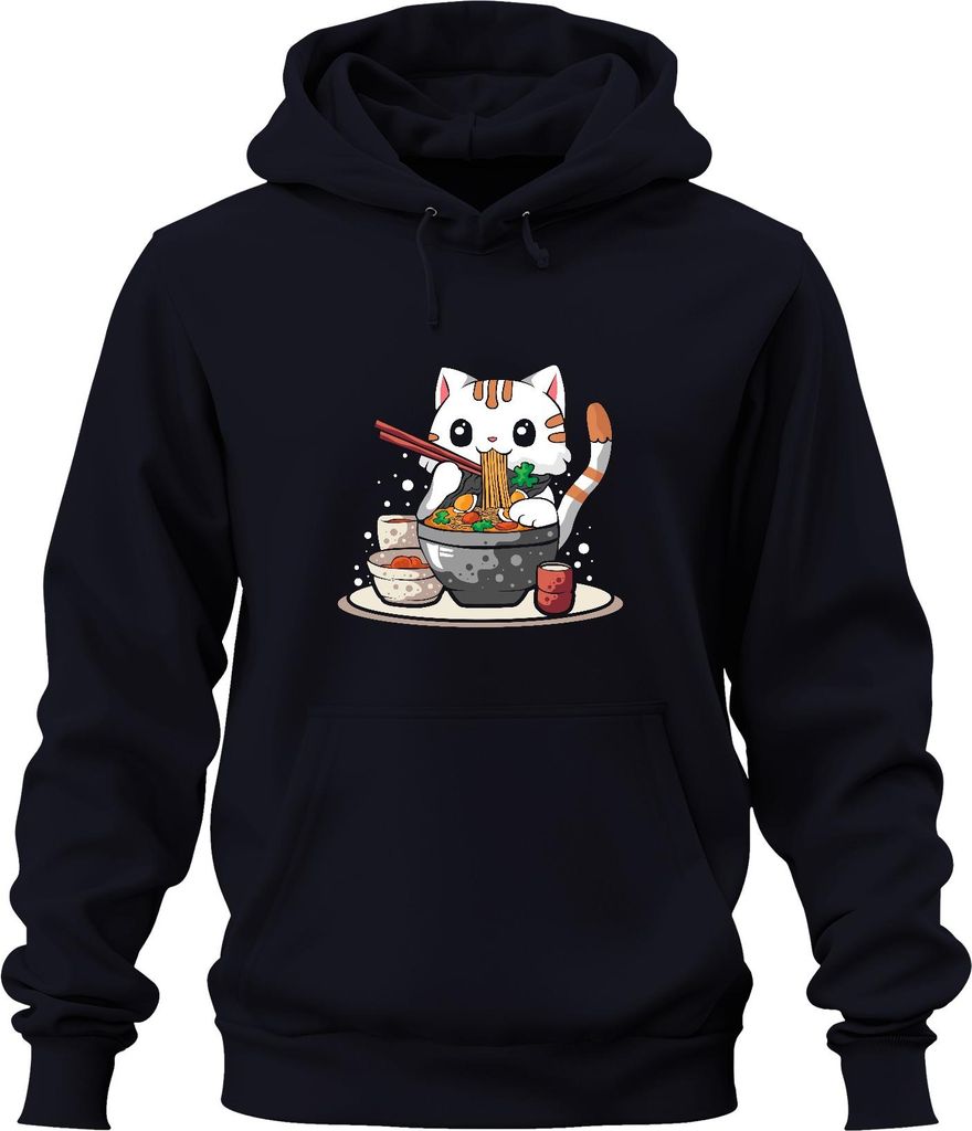 Kawaii Neko Katze Ramen Nudel Suppe Japan Anime Manga süß Cartoon Uni Hoodie Kapuzenpullover, Navy, L