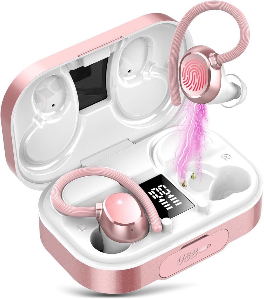 In Ear Kopfhörer Kabellos Bluetooth 5.3 mit 4 Mic, 120H Spielzeit, 2024 Neue Weicher Ohrbügel, IP7 Wasserdicht Ohrhörer LED-LED-Anzeige USB-C