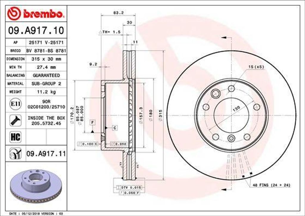 BREMBO 09.A917.11 Bremsscheibe OE 4634210012 kompatibel mit G-Klasse